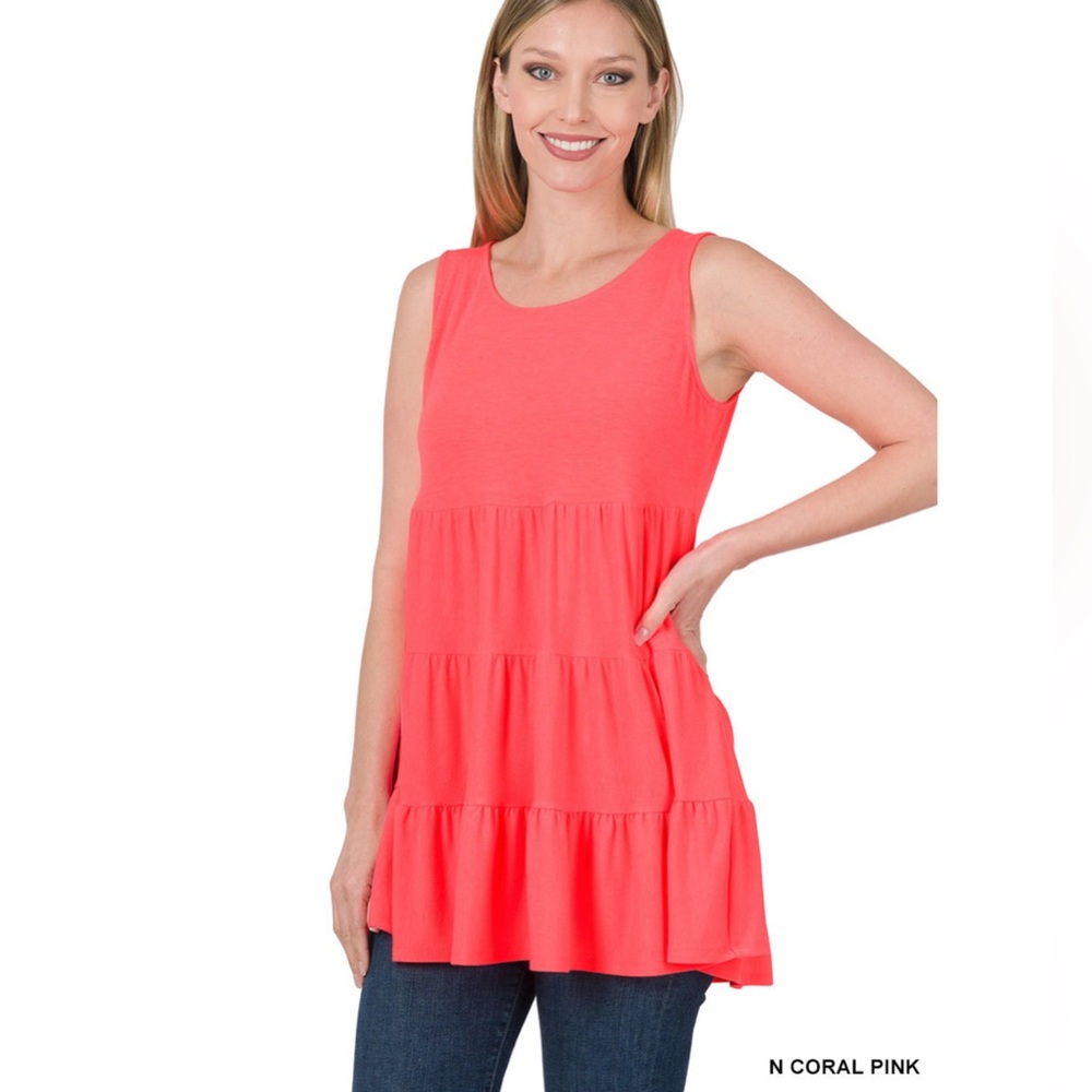 Zenana Outfitters Coral Pink Tiered Sleeveless Tank Top